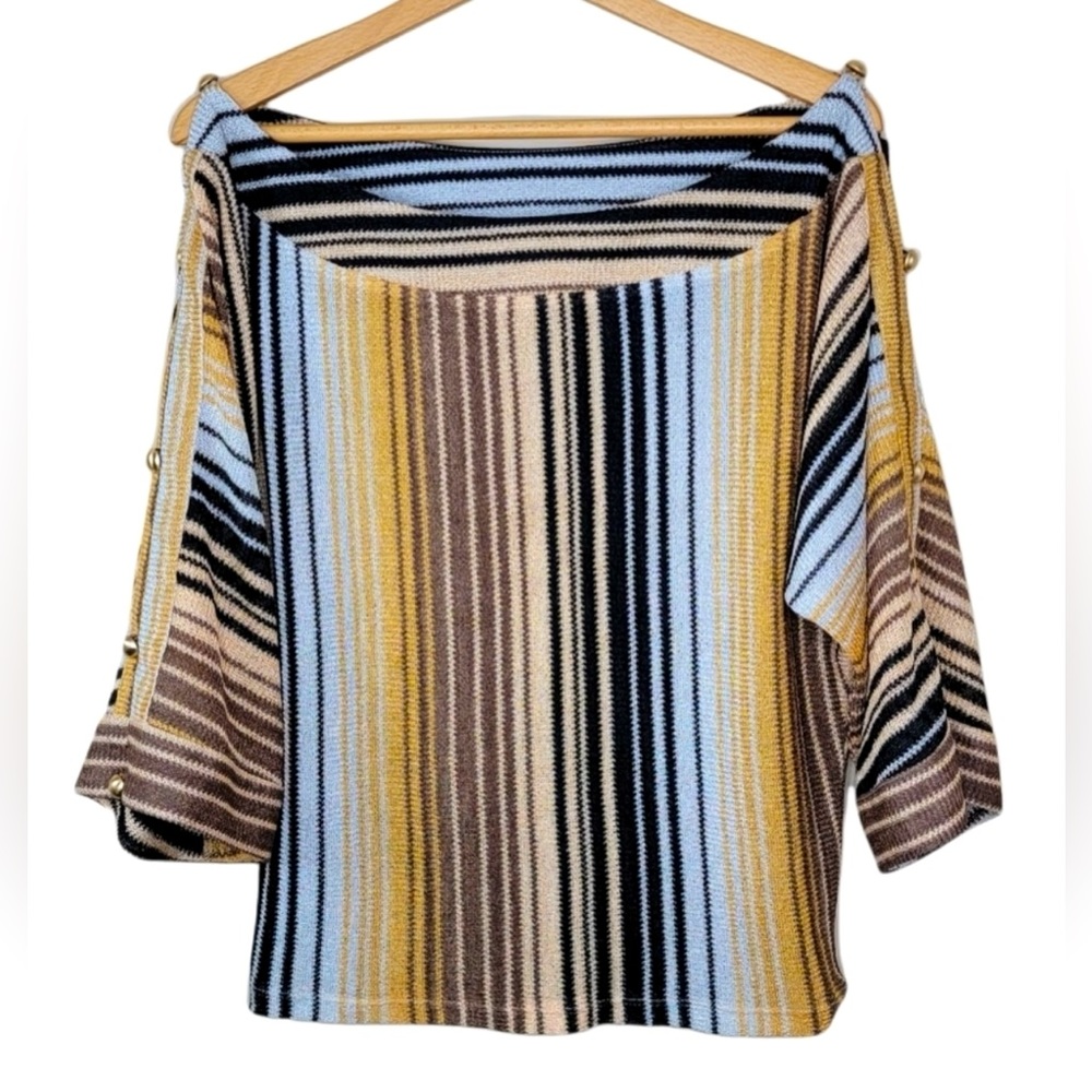Karina Grimaldi Mustard Striped Split Sleeve
Boat Neck Sweater, size M
